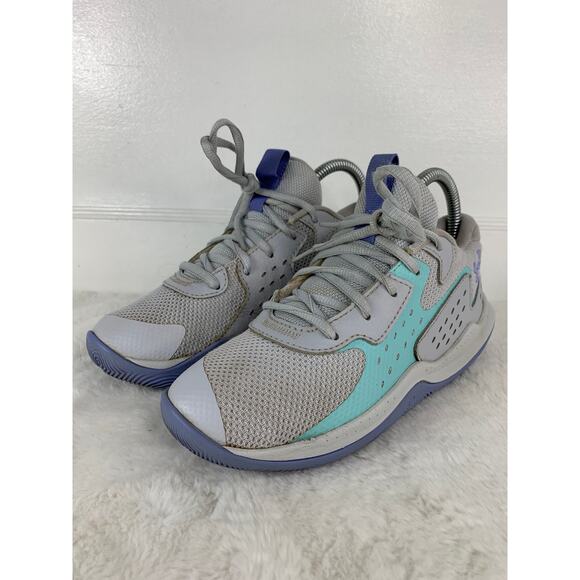 Under Armour Youth Sneakers Size 2.5Y Gray Aqua Purple Athletic Running Shoes - Picture 1 of 11